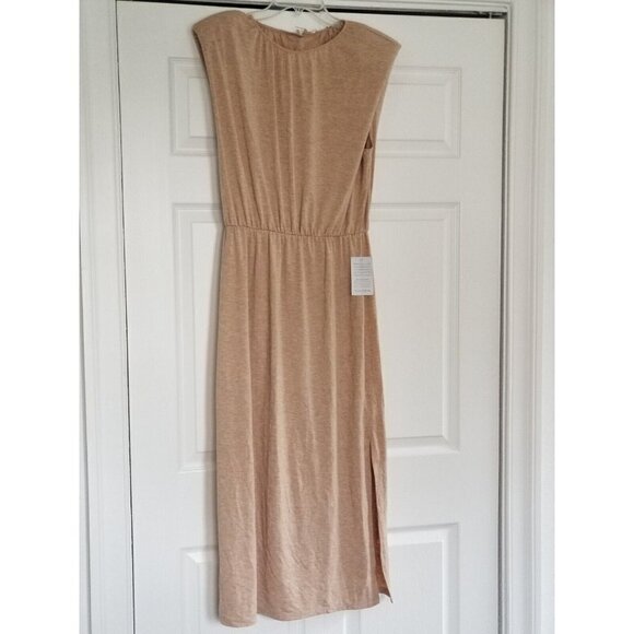 Wayf Sand Midi Dress Crew Neck Sleeveless w/Shoulder Pads Elastic Waist Womens L - Picture 1 of 10